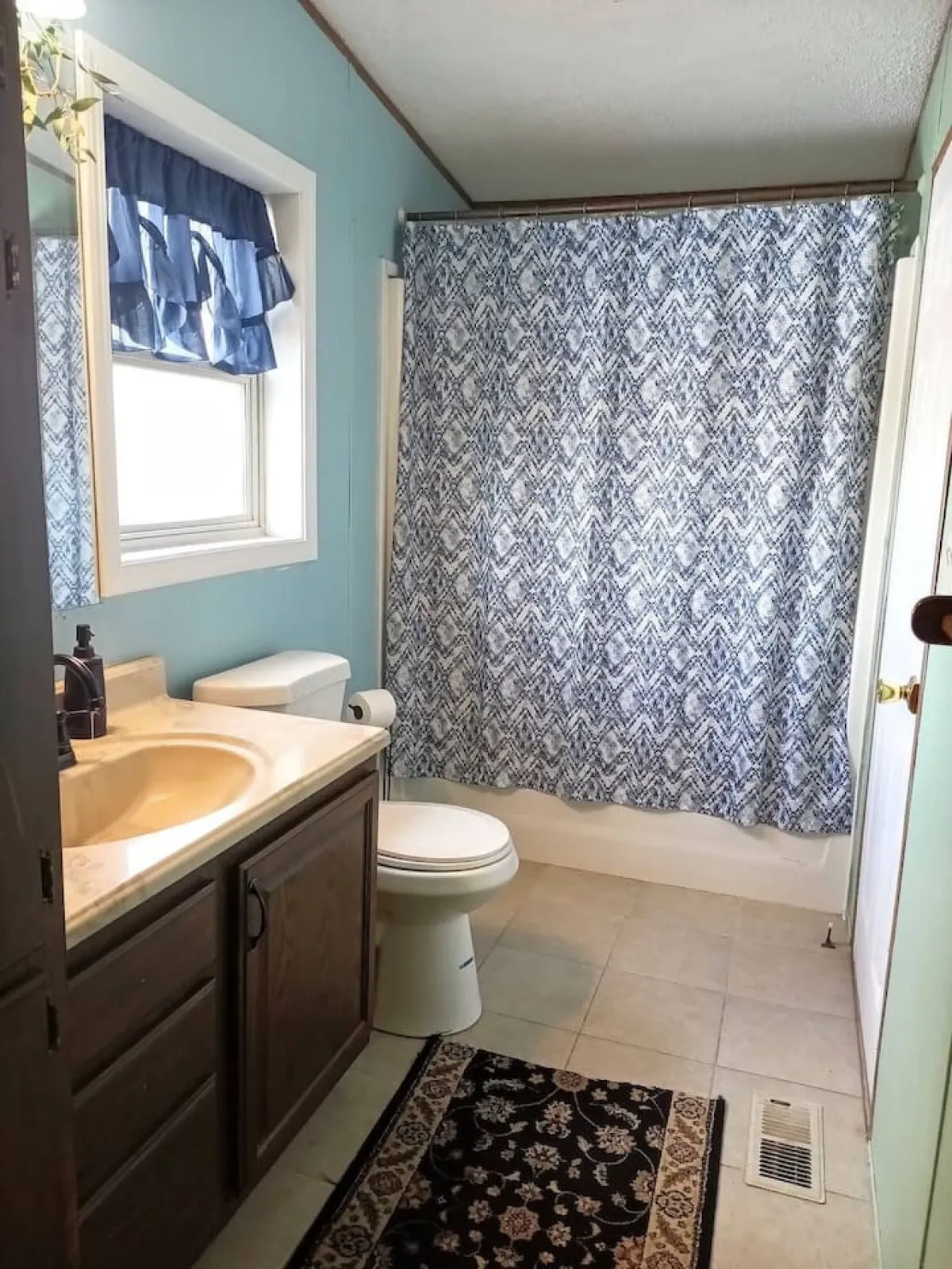 A comfortable, well-lit bathroom featuring a vanity with a sink, a shower curtain, a toilet, a window with a soft curtain, and a decorative rug. Natural light and homey touches create an inviting, restful space.