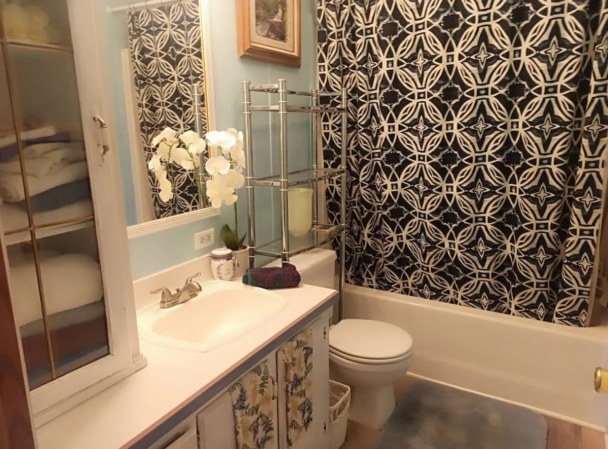 A clean, calm bathroom with an ornate shower curtain, a vanity with a sink, a decorative mirror, and a blooming potted orchid. The overall feel is fresh, tidy, and welcoming, perfect for morning routines or unwinding at night.