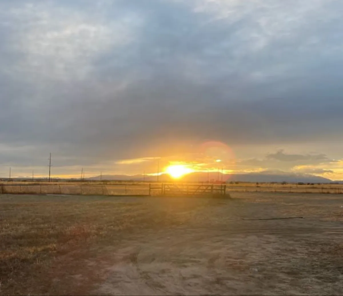 A serene sunset scene with an open field, a fence in the middle ground, and mountains silhouetted on the horizon. The glow of the setting sun enhances the peaceful and welcoming atmosphere of the open property.