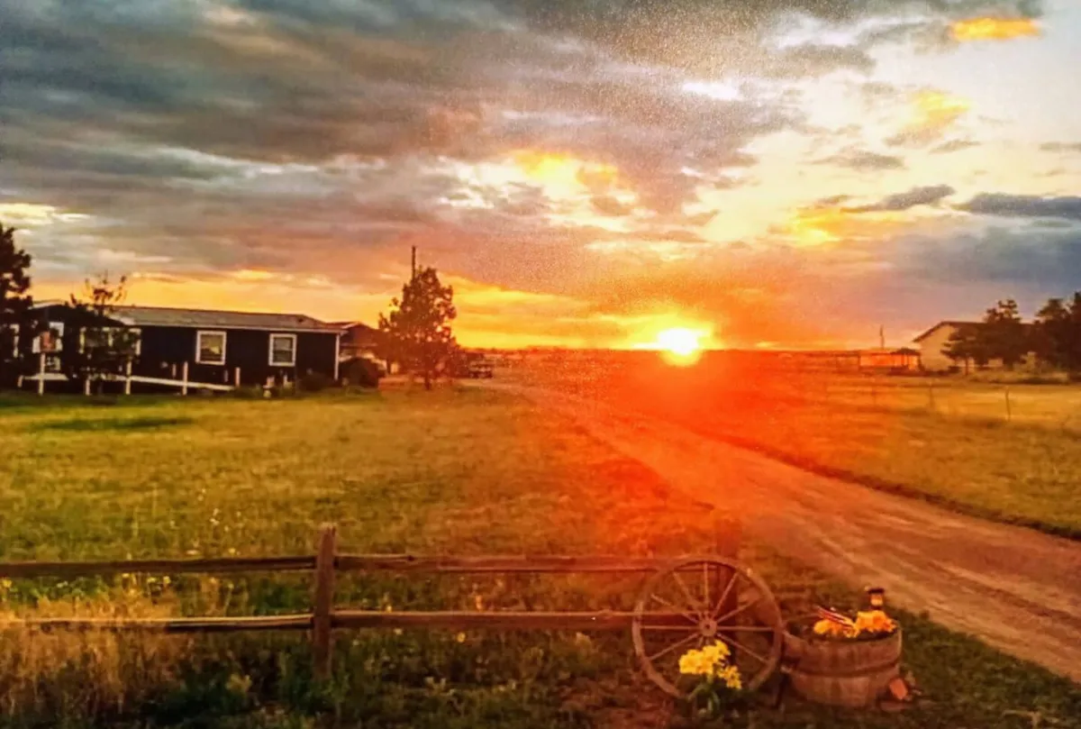 A serene outdoor scene at sunset featuring green grass, a rustic wooden fence, a wagon wheel, and a flower pot. The warm, glowing sky hints at the promise of romantic walks and stargazing as night falls over the countryside.